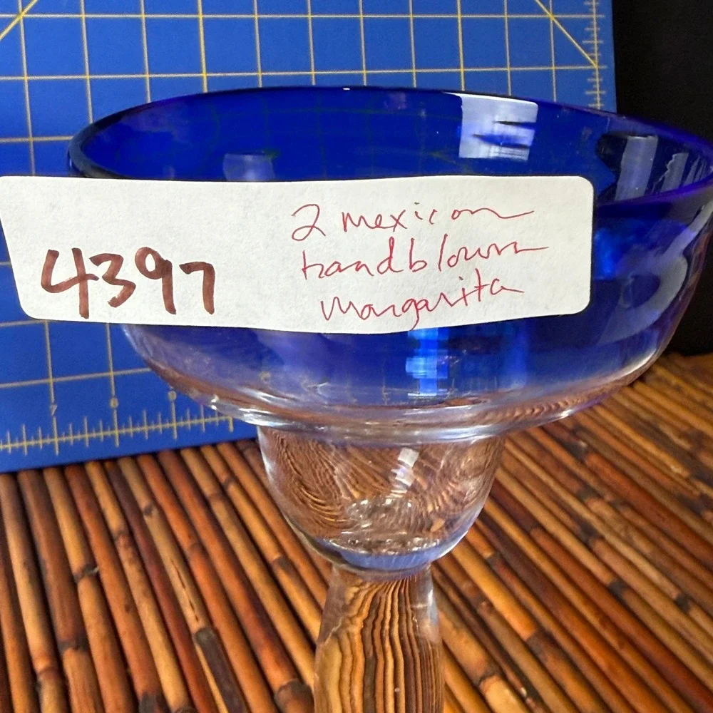 3 qty Mexican Hand Blown Margarita Glasses Cobalt Blue Rim‎ Summer Party taco